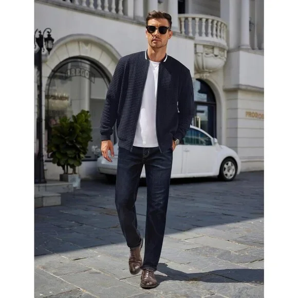 Men's Sweatshirt Bomber Jacket Navy Blue Casual Zip Up Waffle Knit Lightweight